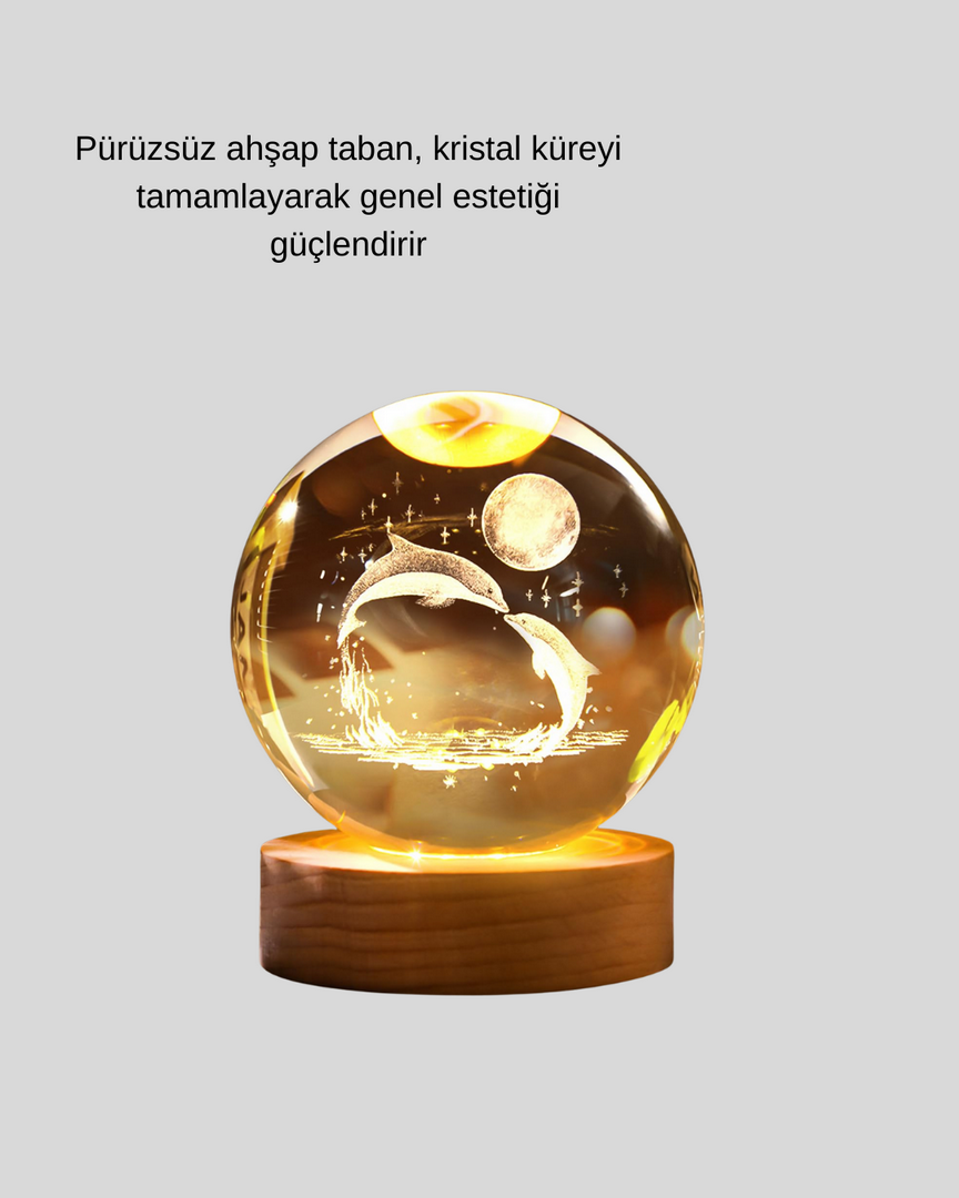 1246413_4-59.png Lazer İşlemeli Yunus Kristal Küre Sıcak Işıklı Ahşap Standlı - Görsel 5