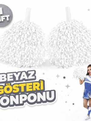 1 Çift ( 2 Adet ) Beyaz Renk 23 Nisan 19 Mayıs 29 Ekim Okul Gösteri Ponponları Ekstra Dolgun