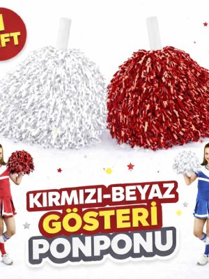 1 Çift ( 2 Adet ) Kırmızı-Beyaz Renk 23 Nisan 19 Mayıs 29 Ekim Okul Gösteri Ponponları Ekstra Dolgun