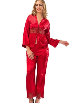Kırmızı Saten Pijama Takımı - 1601 - Beden L