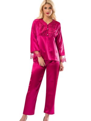 Fuşya Saten Pijama Takımı - 1595 - Beden L