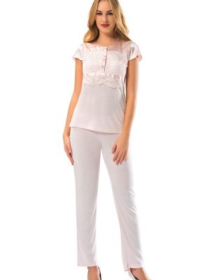 Pudra Penye Pijama Takımı - 1607 - Beden S/M