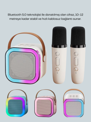 Kablosuz Karaoke Hoparlör – Çift Mikrofon ve LED Işıklı