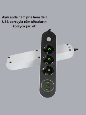 Akım Korumalı Anahtarlı USB Girişli Üçlü Priz
