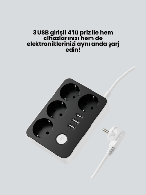 7 Cihazı Aynı Anda Destekleyen 3 USB Portlu 4’lü Priz