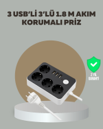 4 Prizli 3 USB Portlu Anahtarlı Akım Korumalı Priz - Görsel 5