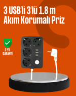 Akım Korumalı 3 USB Portlu 4’lü Priz 4.1A Hızlı Şarj - Görsel 5