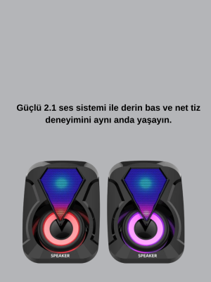 RGB LED Işıklı 2.1 USB Oyun Hoparlörü Derin Bas ve Net Ses