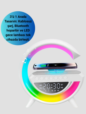 Kablosuz Şarjlı LED Masa Lambası Çalar Saat ve Beyaz Gürültü Özellikli