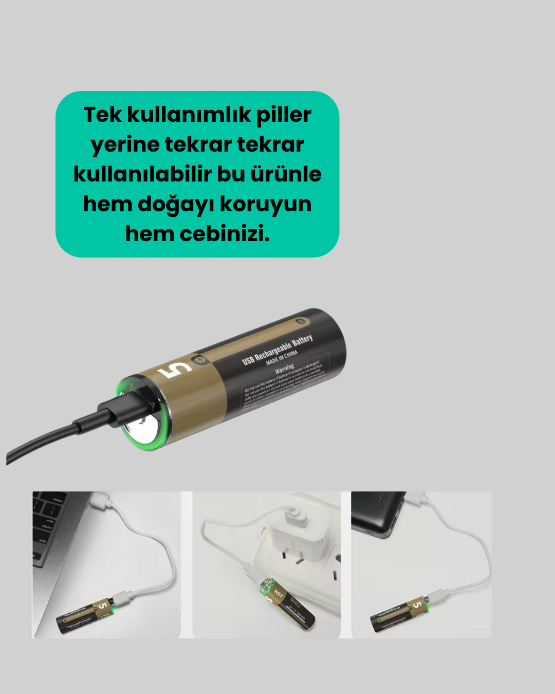 1211237_10-1.png USB Type-C Girişli Şarjlı AA Lityum Pil | 1.5V Sabit Çıkış | 3200mWh (2'li Paket) - Görsel 1