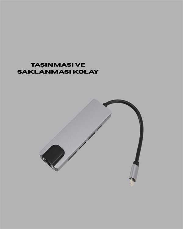 1211995_aluminyum-govdeli-type-c-hdmi-ethernet-58b42.png USB‑C Çoklu Bağlantı Merkezi – 5 Gbps, 100‑240 V, Sağlam Eloksal Tasarım - Görsel 1