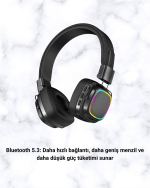 Bluetooth 5.3 Rainbow Işıklı Kulak Üstü Kablosuz Kulaklık - Görsel 2