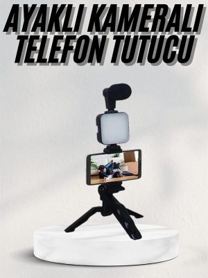 Telefon Tutucu Led Işıklı Kumandalı Mikrofon Telefon Vlog Video Kayıt