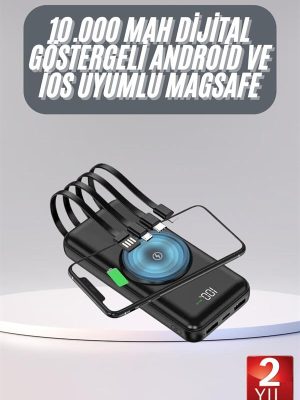 Kablosuz Çoklu Şarj Girişli 10.000 Mah Kablolu Powerbank Taşınabilir