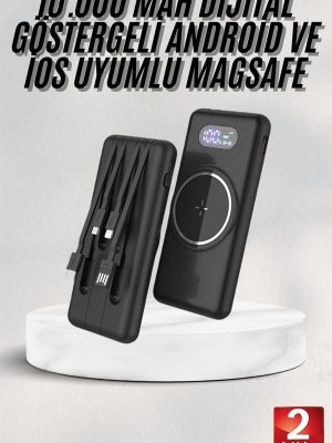 Wireless Powerbank 10000 Mah LED Ekranlı Dahili Kablolu Hızlı Şarj