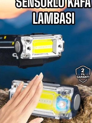 Beyaz Led Işık Sensörlü Kafa Lambası Lityum Batarya Led El Fenerli Şarjlı