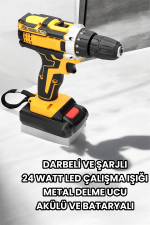 Metal Dişli 24W Akülü Matkap -Çift Bataryalı ve LED Çalışma Işığı ile Tam Set - Görsel 5