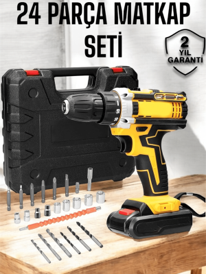 Çift Bataryalı Metal Dişli Darbeli Şarjlı Matkap Seti 24W Güç ve 24 Parça Aksesuar