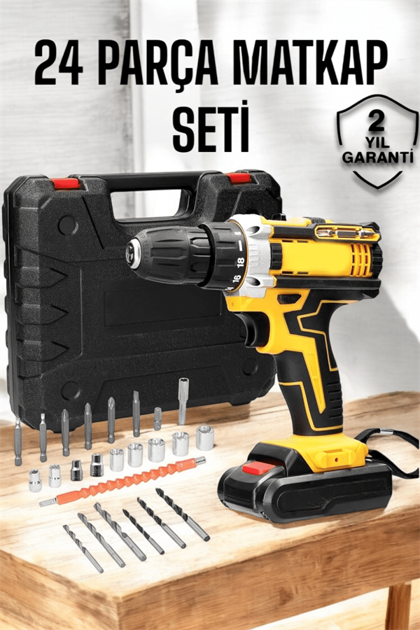 1214151_cift-bataryali-metal-disli-darbeli-sar-07f5d6.png Çift Bataryalı Metal Dişli Darbeli Şarjlı Matkap Seti 24W Güç ve 24 Parça Aksesuar - Görsel 1