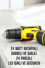 Çift Bataryalı Metal Dişli Darbeli Şarjlı Matkap Seti 24W Güç ve 24 Parça Aksesuar - Görsel 3