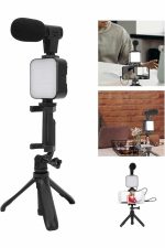 Tripod Telefon Tutucu Kumandalı Mikrofon Led Işık Vlog Video Kayıt - Görsel 4