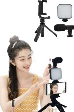 Tripod Telefon Tutucu Kumandalı Mikrofon Led Işık Vlog Video Kayıt - Görsel 3