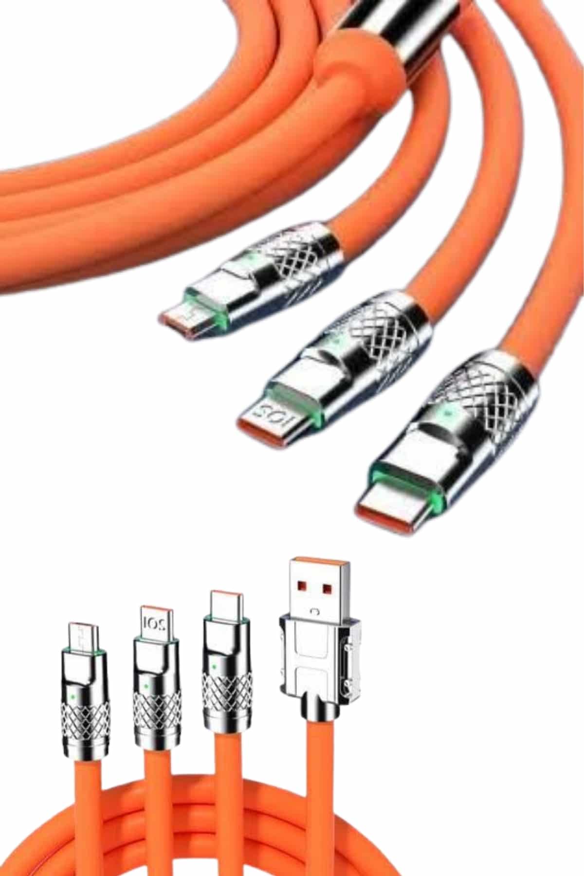 1214790_2-161.jpg 120W Silikon Metal Uçlu LED Işıklı 3 In1 Şarj Kablosu 1.2m - Görsel 1