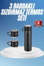 Termos Paslanmaz Çelik Termos Siyah Renk 3 Bardaklı Termos Seti - Görsel 5