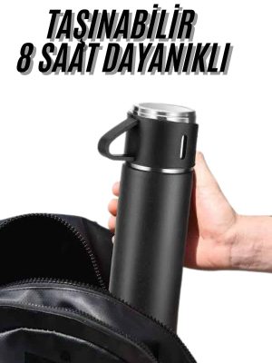 Termos Seti 3'lü Bardak Seti Isı Dayanıklı Siyah Paslanmaz Çelik Vakumlu
