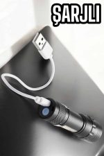 Şarjlı Metal Zoomlu El Feneri Işıldak Led Işık Taşınabilir El Lambası - Görsel 3