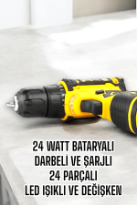 Çift Bataryalı Metal Dişli Darbeli Şarjlı Matkap Seti 24W Güç ve 24 Parça Aksesuar - Görsel 3