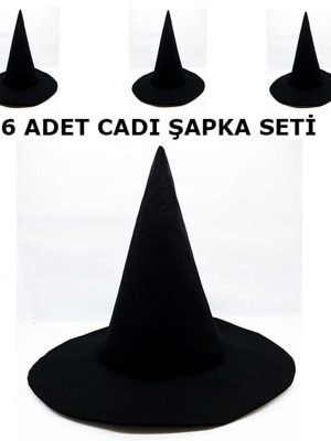 Siyah Cadı Şapkası Keçe Yetişkin Boy 6 Adet