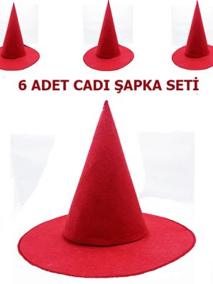 Kırmızı Renk Keçe Cadı Şapkası Yetişkin Çocuk Uyumlu 6 Adet