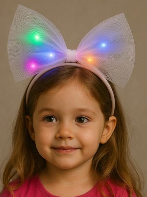 Rengarenk Led Işıklı Fiyonk Şekilli Tül Parti Tacı Beyaz Renk 25x25 cm