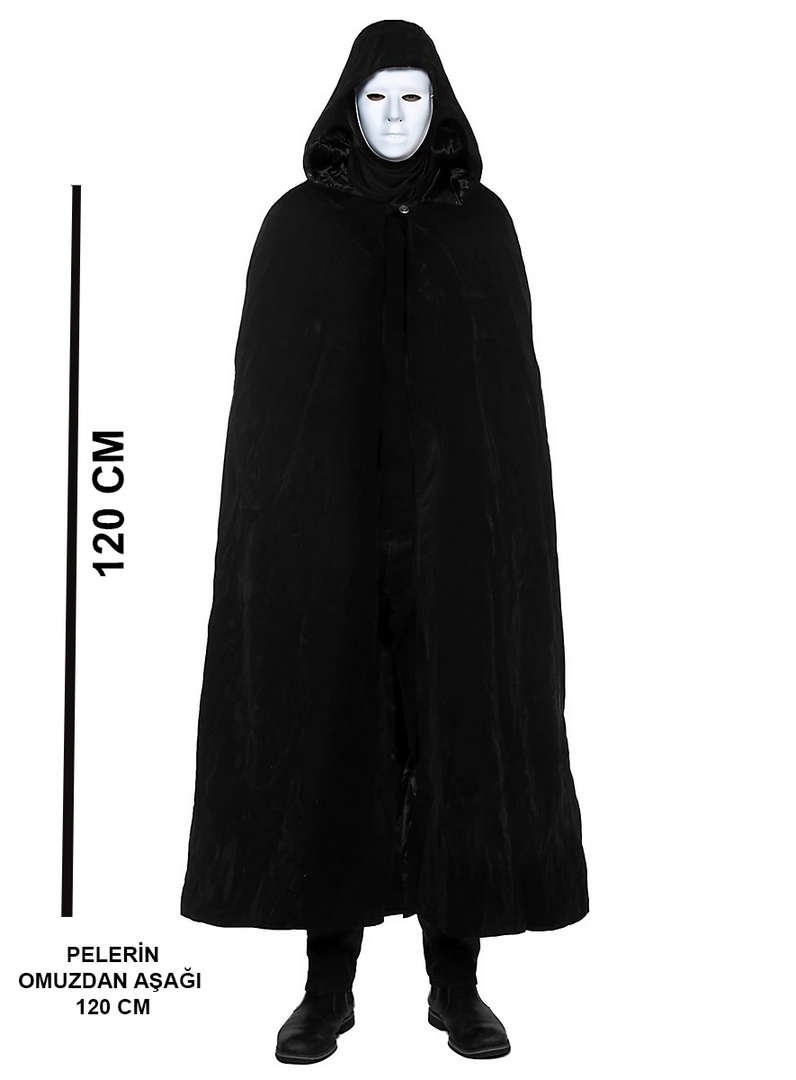 1221355_siyah-kapusonlu-120-cm-pelerin-ve-beyaz-boyanabilir-tam-yuz-mask-resim-5198.jpg Siyah Kapüşonlu 120 cm Pelerin ve Beyaz Boyanabilir Tam Yüz Maske - Görsel 1
