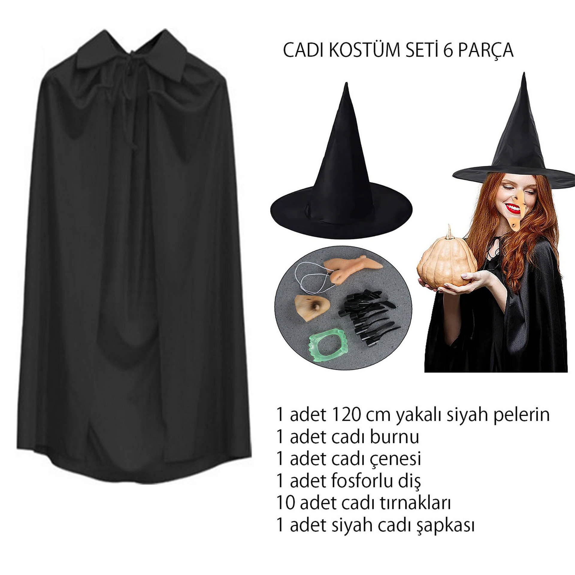 1221356_cadi-kostum-seti-6-parca-sapka-pelerin-dis-tirnaklar-cene-ve-b-resim-5212.jpg Cadı Kostüm Seti 6 Parça - Şapka Pelerin Diş Tırnaklar Çene ve Burun - Görsel 1