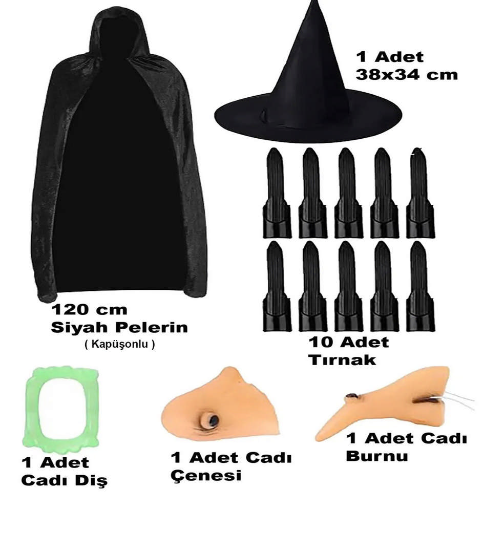1221357_siyah-kapusonlu-pelerin-120-cm-tirnaklar-dis-cene-burun-ve-sapka-resim-5214.jpg Siyah Kapüşonlu Pelerin 120 cm Tırnaklar Diş Çene Burun ve Şapka Seti - Görsel 1