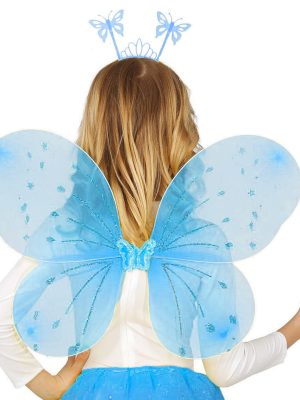 Mavi Kelebek Erkek-Kız Seti – 50 cm Kelebek Kanadı, Taç ve Asa