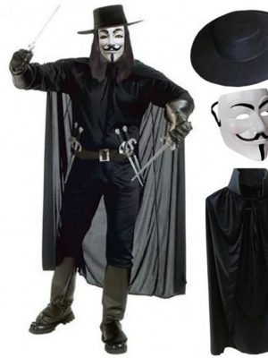 V For Vendetta Maskesi Şapkası ve Pelerin Kostüm Seti Yetişkin Boy