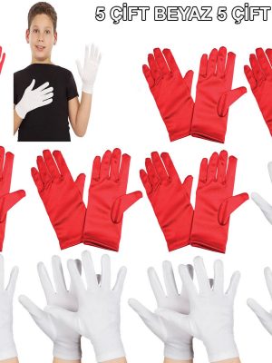 Çocuk Gösteri Eldiven Seti – 5 Çift Beyaz & 5 Çift Kırmızı