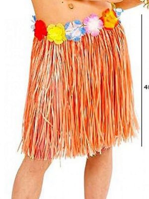 Yetişkin ve Çocuk Uyumlu Turuncu Renk Püsküllü Hawaii Luau Hula Etek 40 cm