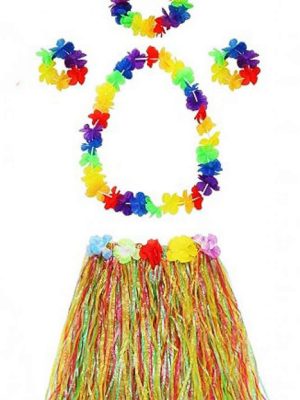 Yetişkin ve Çocuk Uyumlu Luau Aloha Hawaii  Kolye Renkli Etek Taç ve Bileklik Seti