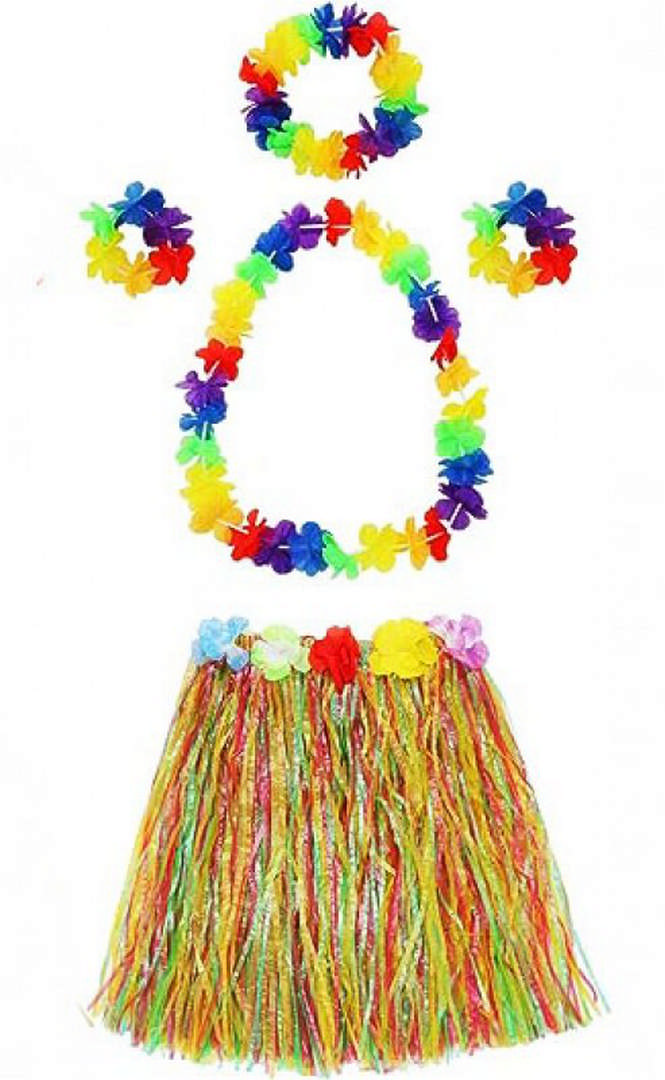 1221769_Yetiskin-ve-Cocuk-Uyumlu-Luau-Al-resim-2246.jpg Yetişkin ve Çocuk Uyumlu Luau Aloha Hawaii Kolye Renkli Etek Taç ve Bileklik Seti - Görsel 1