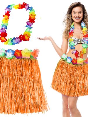 Hawaii Luau Aloha Turuncu Püsküllü 40 cm Etek ve Hawaii Kolye Seti