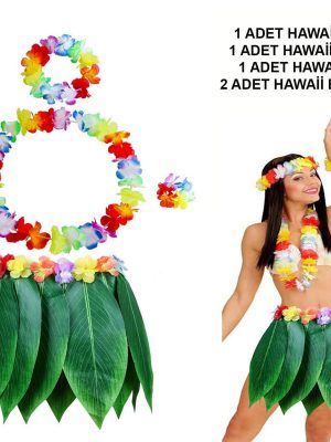 Yetişkin Hawaii Kostüm Seti - Yaprak Etek & Hawaii Set - 5 Parça