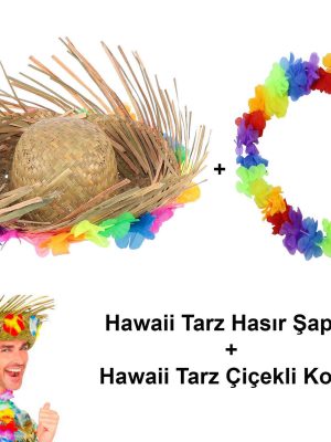 Hawaii Tarzı Tropikal Çiçekli Hasır Şapka ve Çiçekli Hawaii Kolye