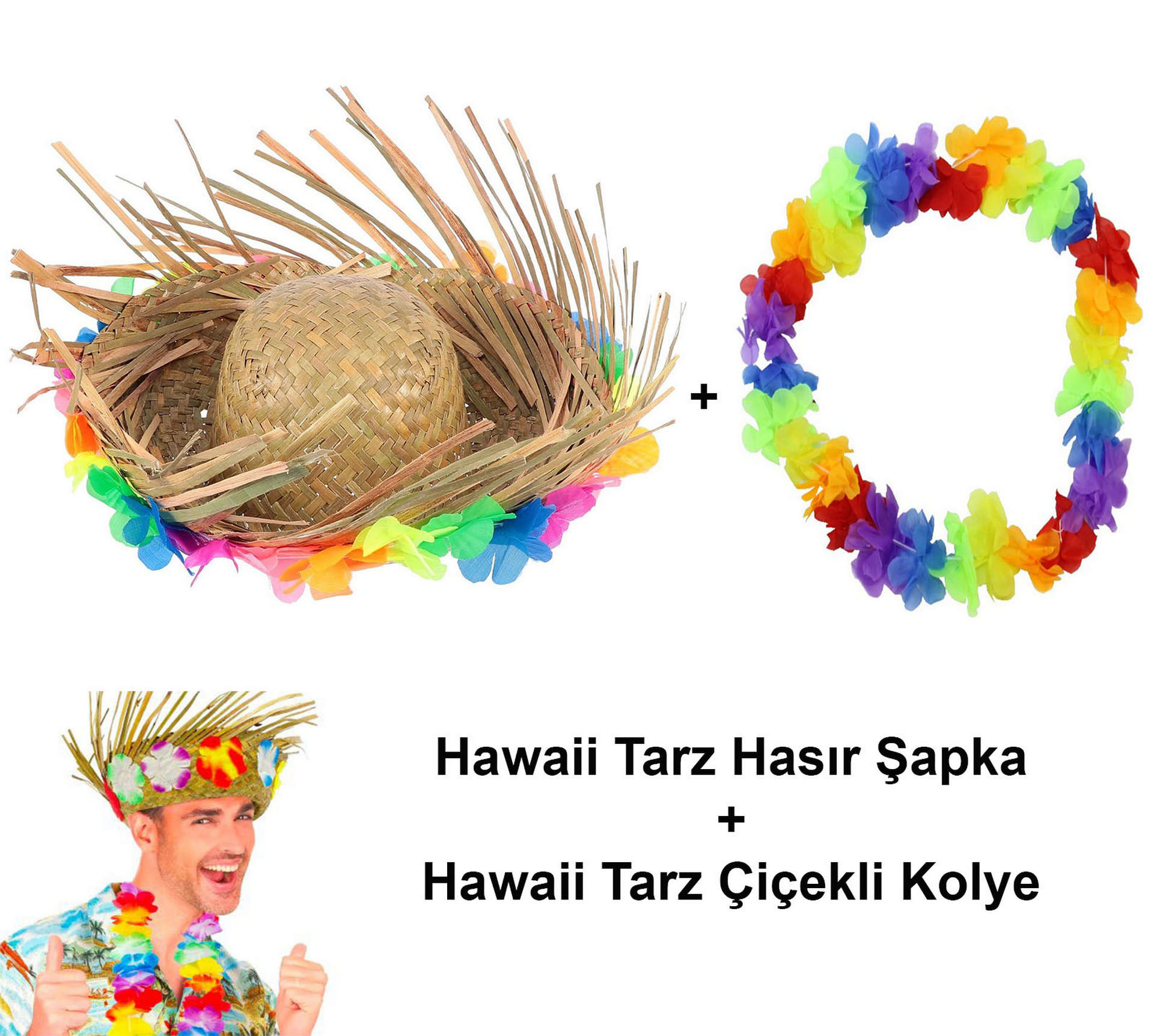 1221795_hawaii-tarzi-tropikal-cicekli-hasir-sapka-ve-cicekli-hawaii-koly-resim-5102.jpg Hawaii Tarzı Tropikal Çiçekli Hasır Şapka ve Çiçekli Hawaii Kolye - Görsel 1