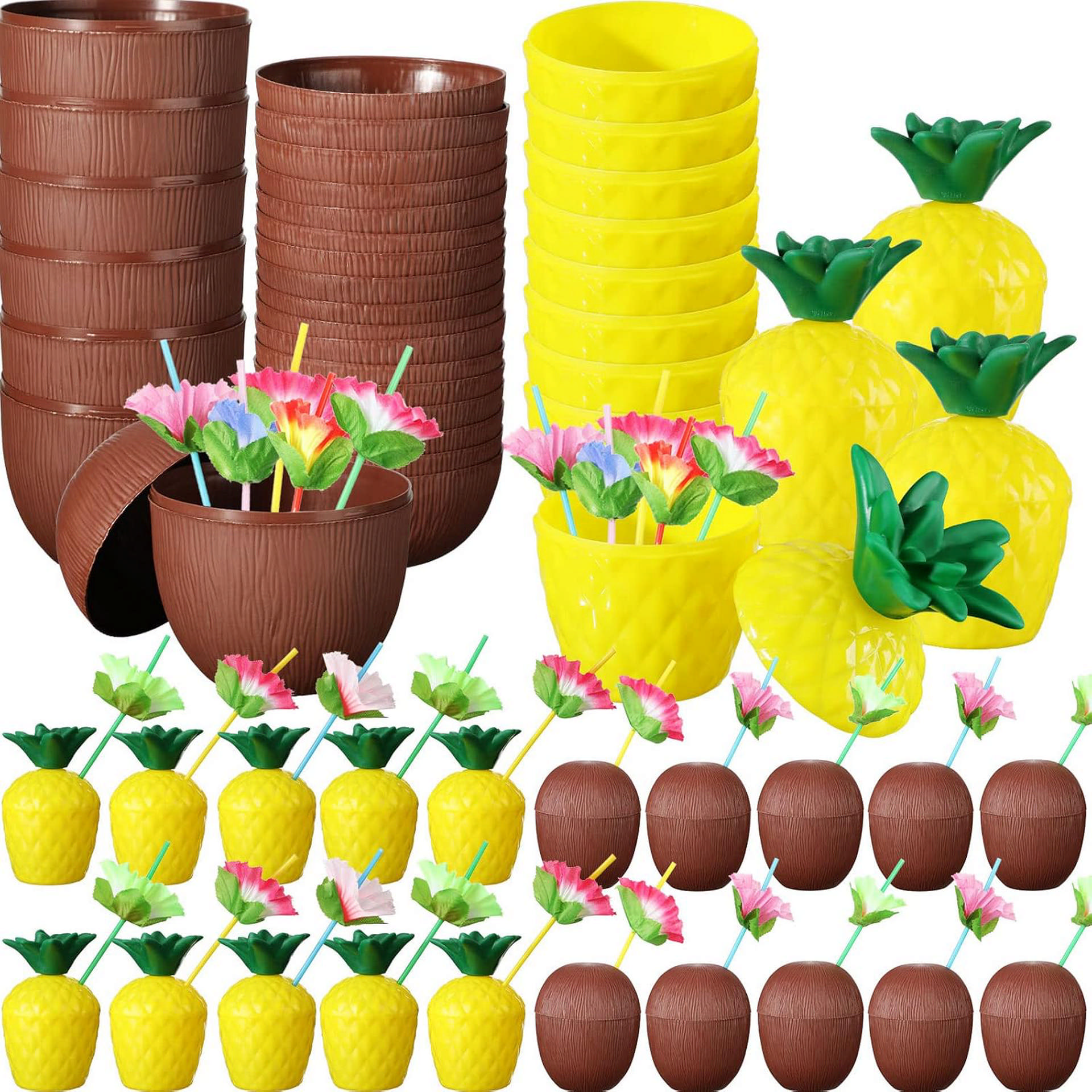 1221796_tropikal-parti-bardak-seti-ananas-ve-hindistan-cevizi-sekill-resim-5217.jpg Tropikal Parti Bardak Seti – Ananas ve Hindistan Cevizi Şekilli Pipetli Bardaklar (20 Adet) - Görsel 1