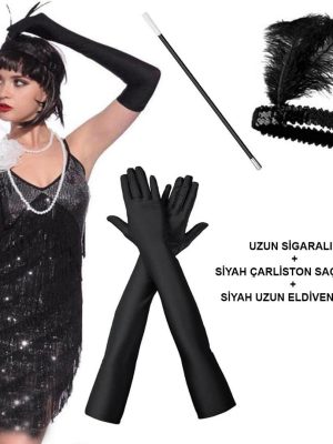 1920'ler Gatsby Aksesuar Seti – Siyah Charleston Saç Bandı, Uzun Eldiven & Sigaralık