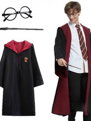 Harry Potter Gryffindor Kapişonlu Çocuk Kostüm + Asa + Gözlük Seti 9-10 Yaş